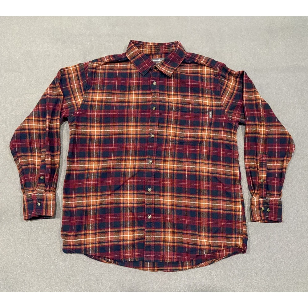 Eddie Bauer Mens Large Plaid Flannel Shirt Orange Burgundy Cotton Long Sleeve